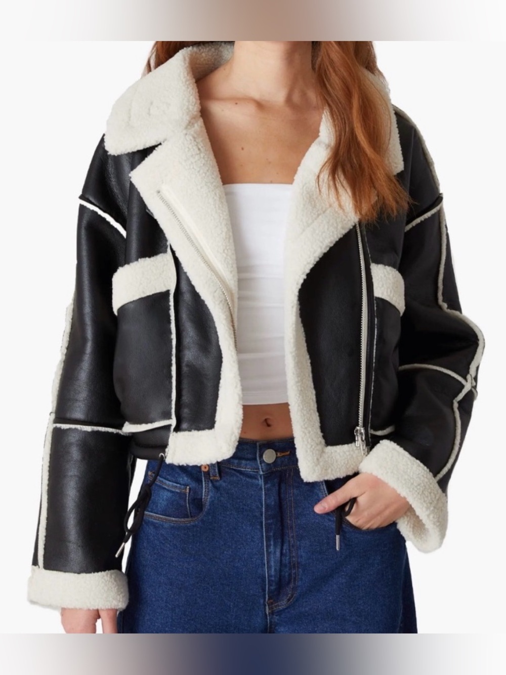 Blank NYC Faux Shearling Moto Jacket, Black/White, Size Medium